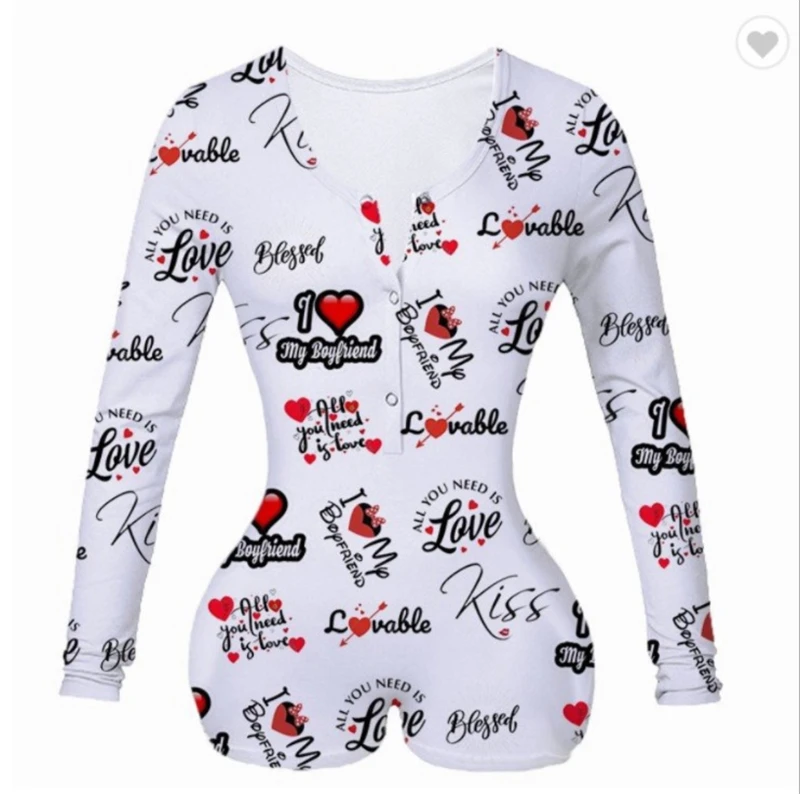 

Adogirl 2021 Valentine's Day Print Women Sexy Jumpsuit V Neck Long Sleeve Shorts Romper Sleepwear Playsuits Lovers Gift Onesies