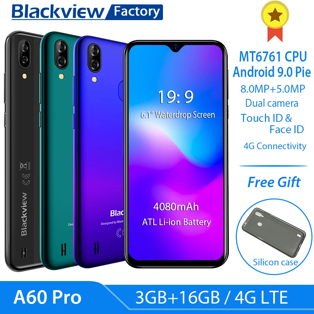 Blackview A60 Pro 4G LTE 4080 мАч смартфон 6,08" экран капли воды мобильный телефон Android 9,0 3 Гб ram двойная задняя камера Сотовый телефон
