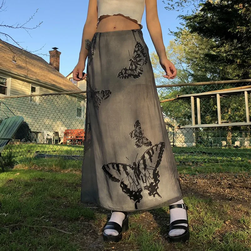 Женская винтажная юбка миди с бабочками черная сексуальная Длинная в стиле