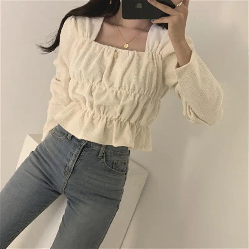 Универсальная свободная плиссированная рубашка HziriP Chic 2021 с квадратным вырезом