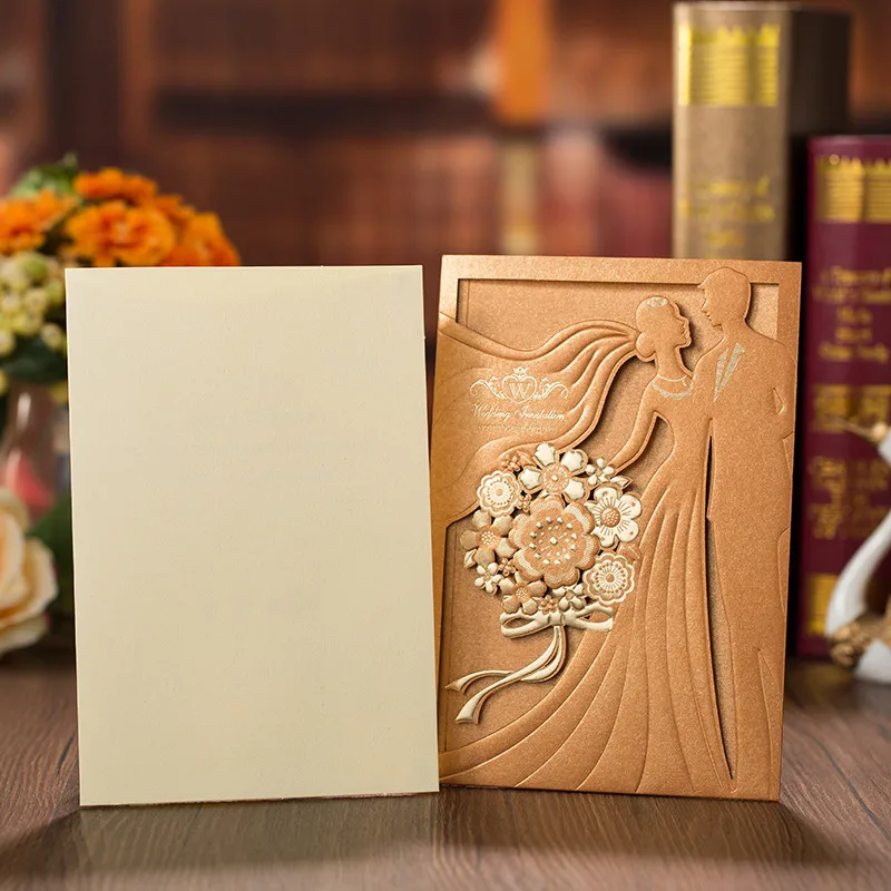 Золотисто красные свадебные пригласительные открытки 50 шт. элегантные