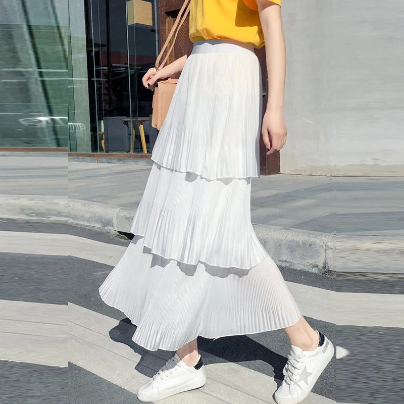 Женская длинная шелковая юбка Cakee многослойная плиссированная А-силуэта с