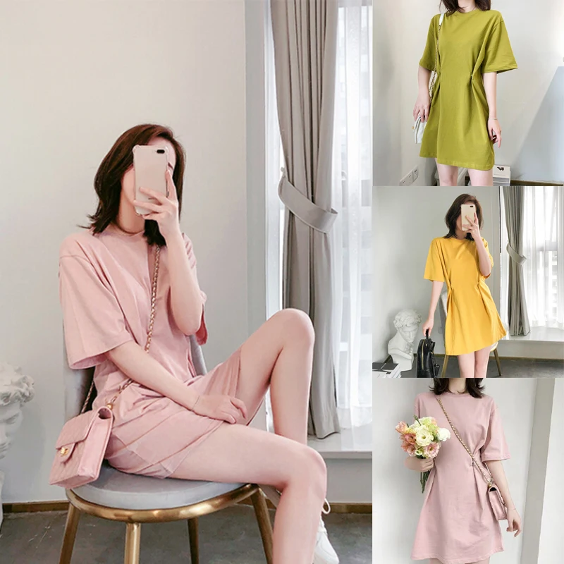 Женская футболка платье с коротким рукавом мешковатые Платья Круглый вырез
