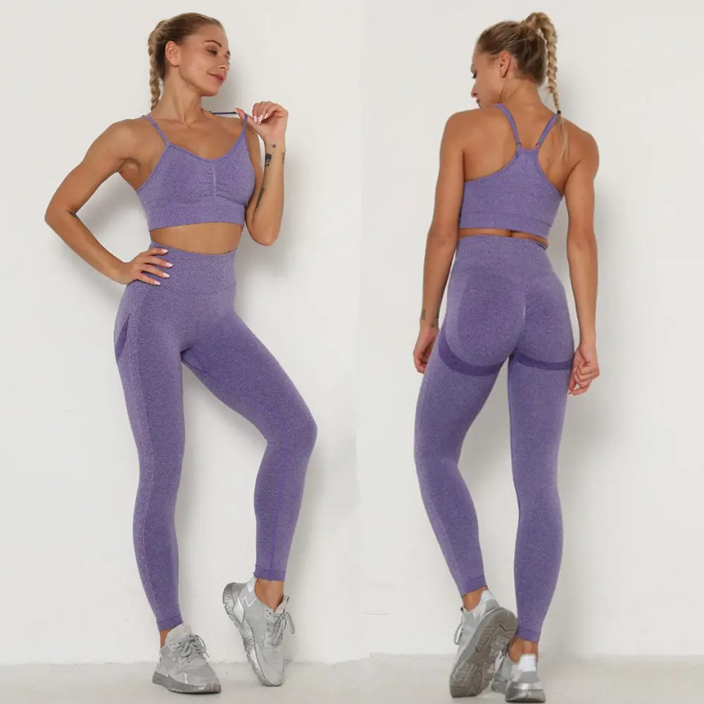 

Women Yoga Sets Seamless Fitness Clothing Sportswear Woman Gym Leggings Padded Push-up Strappy Sports Bra 2 Pcs Running Suits