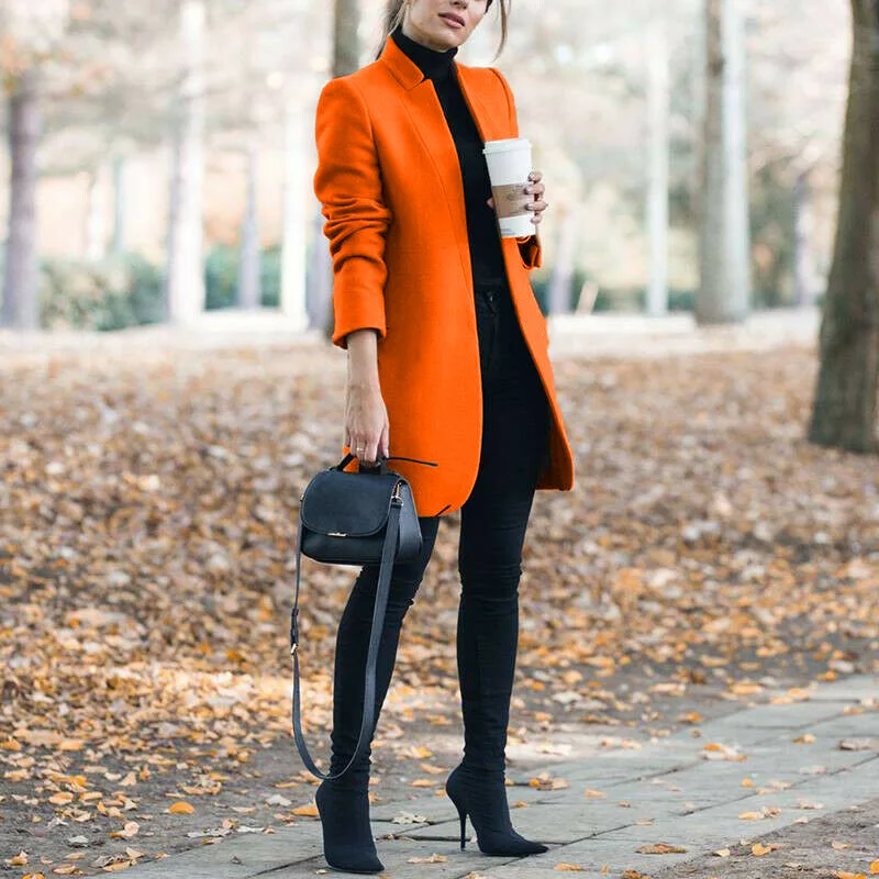

Woolens Overcoats Women Autumn Winter Stand Neck Long Sleeve Pockets Thin Wool Coats Casual Female Office Work Jackets Plus Size