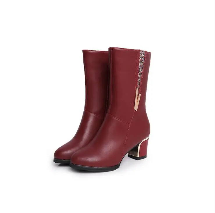 Теплые женские зимние сапоги из искусственной кожи на высоком каблуке зимняя