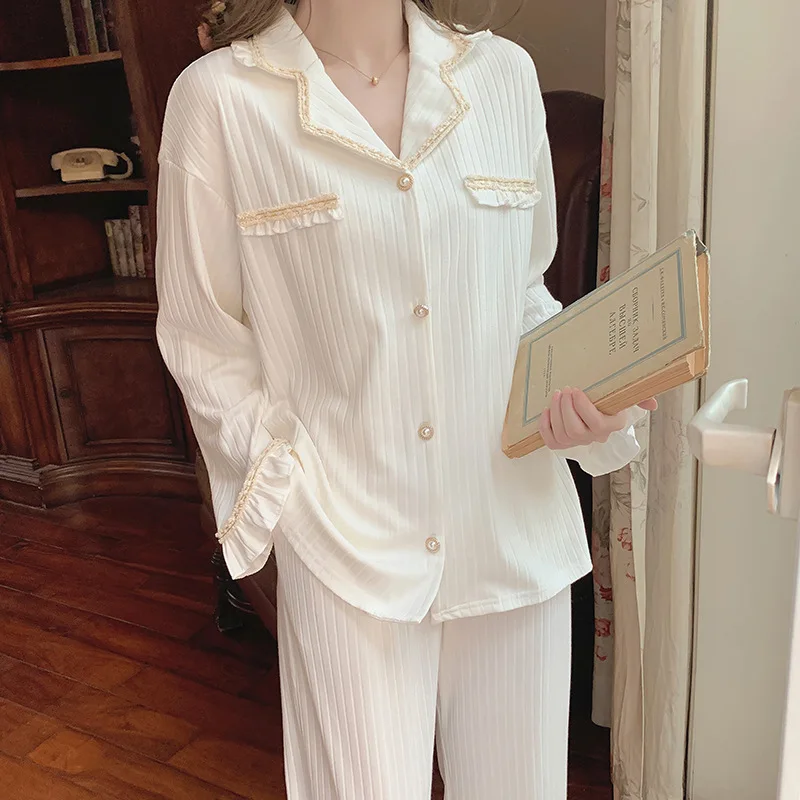 2021 Pajamas Women's Set Spring Autumn Long Sleeve Nightgown Cotton Pit Button Nightwear White Fashion Home Wear Sleepwear