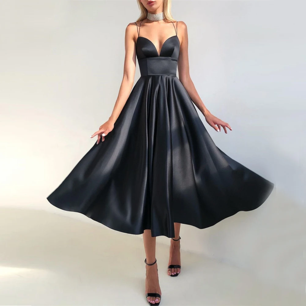 

BridalAffair, черные трапециевидные короткие платья для выпускного вечера, двойные тонкие бретельки, длинные официальные атласные бриллианты