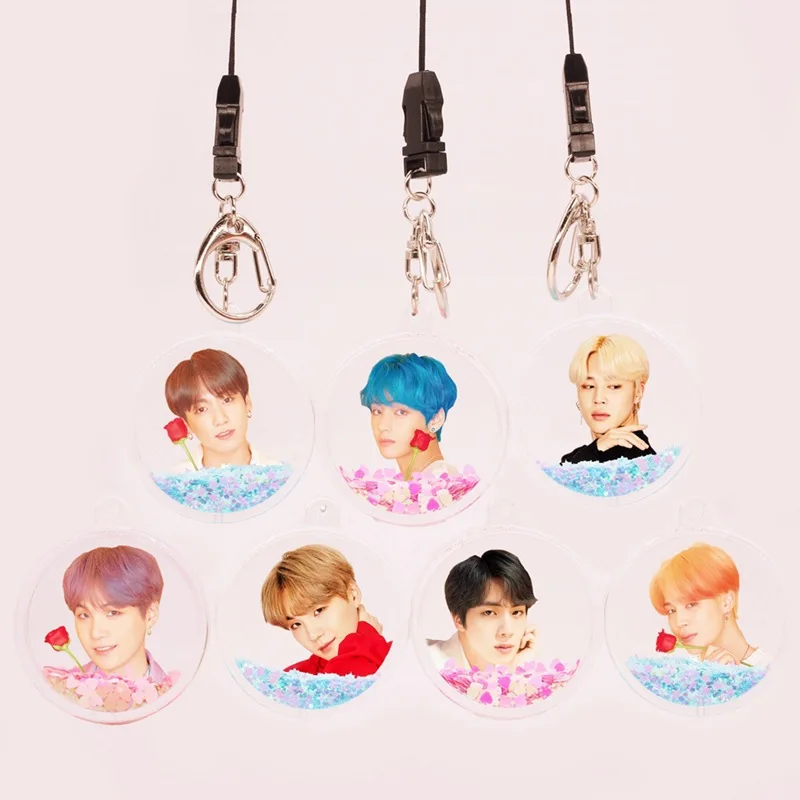 

Оптовая продажа, персональный брелок для ключей Kpop Bangtan Boys с сыпучим песком, кольцо для ключей, брелок, подарки, милый кулон, акриловый брелок...