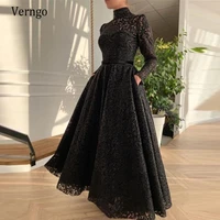 verngo vintage black full lace beads evening dresses short front long back long sleeves high neck high low prom party gowns