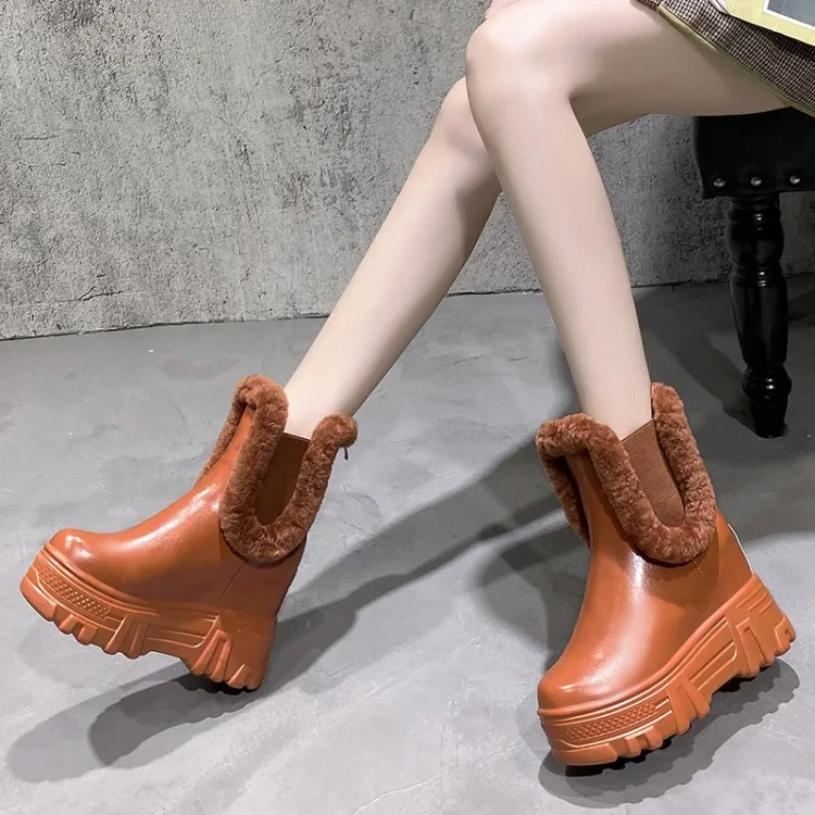 

JUNSRM Women's Mid-Calf Boots PU Leather Winter Shoes For Woman Hidden Heel Boot Warm Plush Ladies Shoes Women Winter Boots