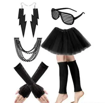 black Костюмы для косплея 80 s, набор костюмов включает в себя ажурные перчатки пачка юбка гетры неоновые серьги и вечерние аксессуары для 80s - Цвет: black