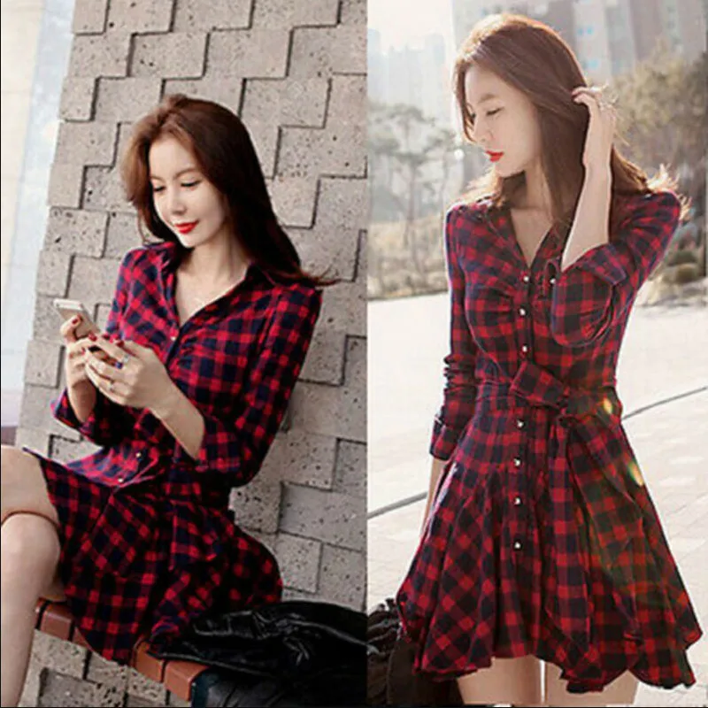 Fashion Womens Lady Long Sleeve Ruffles Office Ladies Casual Flannel Plaid Check Button Down Top Layer Shirt Dress | Женская одежда