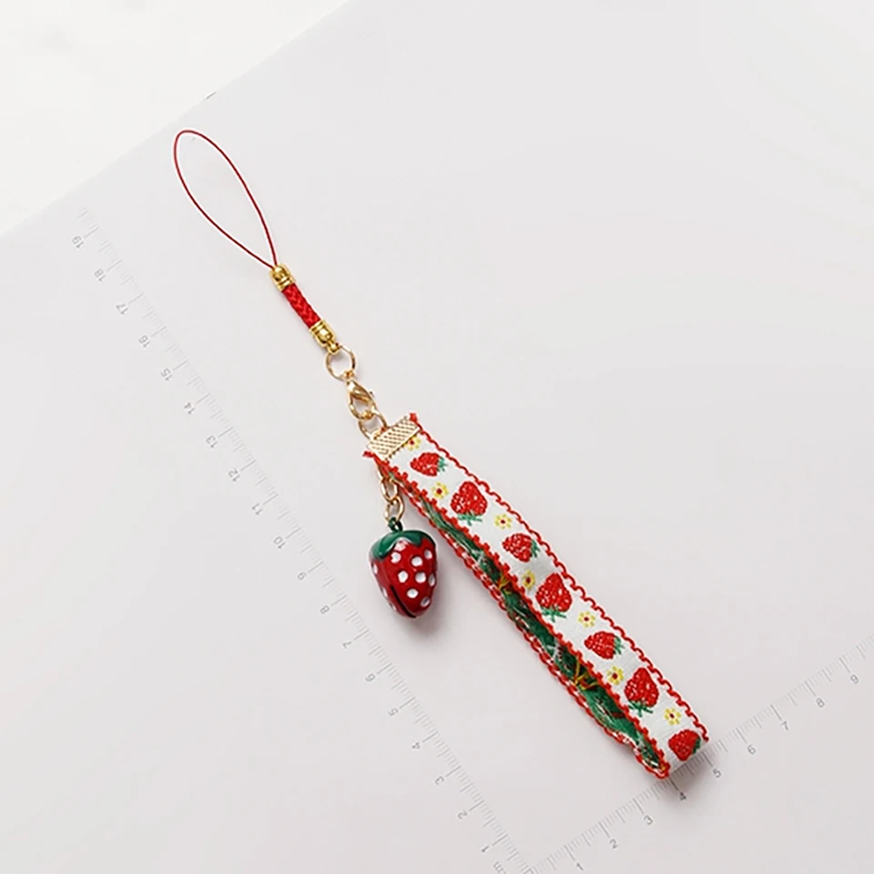 Cute Japansese phone Wrist Strap Lanyards for iPhone Samsung Strawberry Heart Bell Decor Mobile Phone Strap Rope Phone Charm