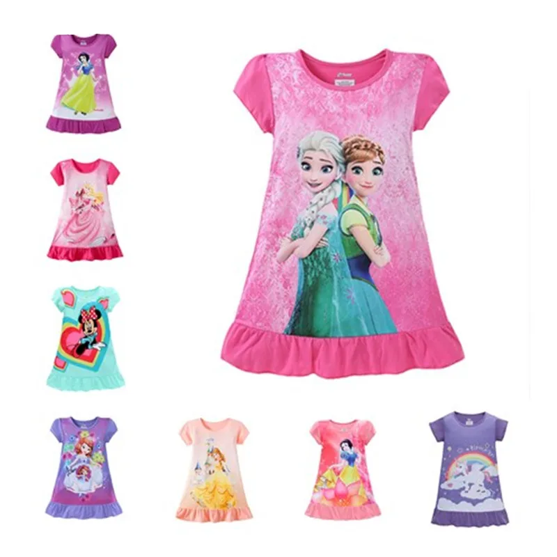 Kids Girls Princess Dress Anna Elsa Minnie Mouse Sofia Unicorn Print Cartoon Costume Baby Children Summer Clothes PJS 3-9T