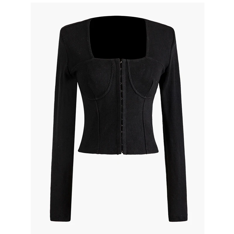 Женский свитер с квадратным воротником DEAT корейский тонкий однотонный вязаный