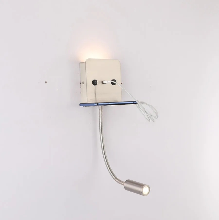 Современный светодиодный настенный светильник USB телефон зарядное устройство прикроватный свет для чтения с полкой для спальни гостиничный номер настенные ночные светильники