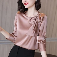 2021 autumn high end satin shirt female design sense niche bowknot chic blouse lady shirt length blusa feminina silk