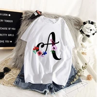 2021 new fashion 26 alphabet letter with flowers women t shirt harajuku casual white top tees women summer casual short sleeve