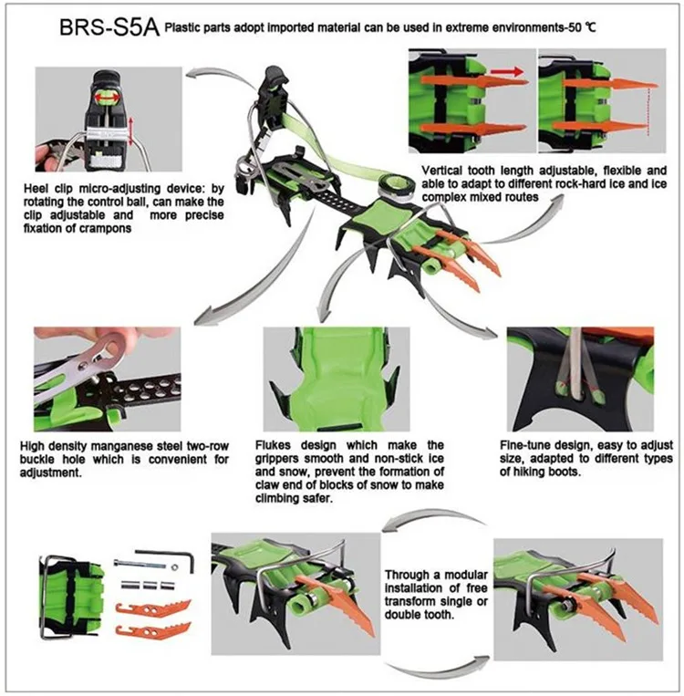 BRS 14 зубов профессиональный открытый скалолазание полный зажим Crampon марганцевая стальная накладка против скольжения на льду альпинистских походов BRS-S5A/B/C