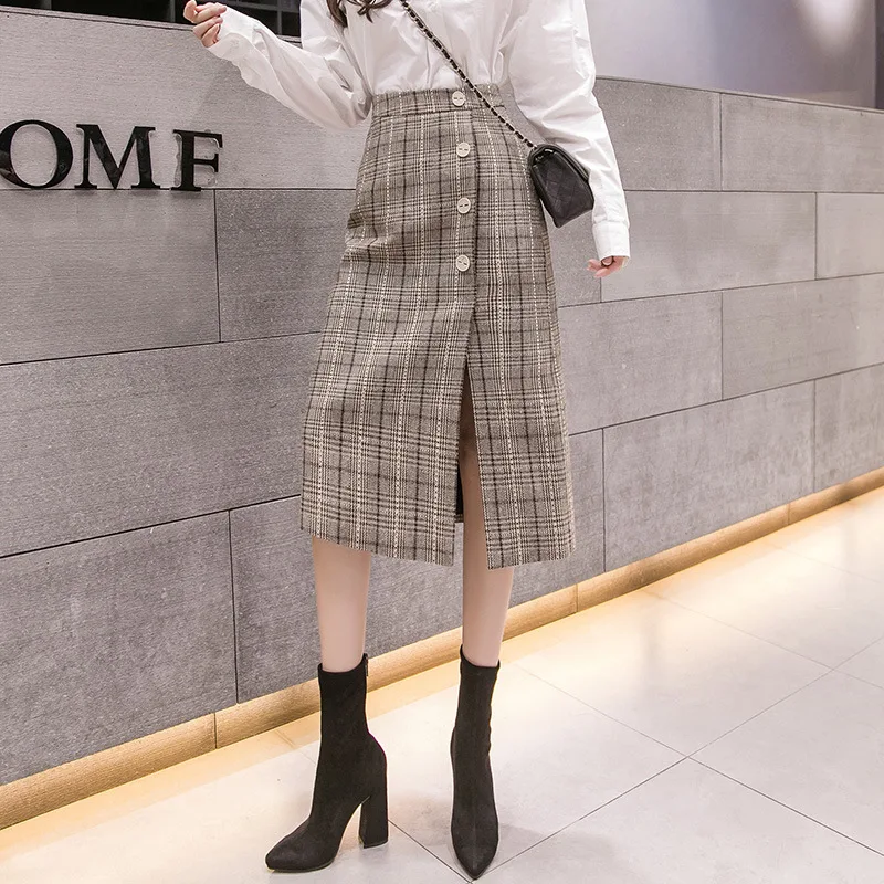 

High Waist Plaid Woolen Skirt Women For Winter 2020 Single Button Hip Split Midi Skirts Women Falda Mujer Pencil Skirts Womens