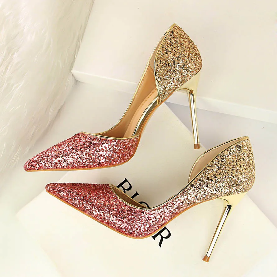 

Sexy High Heels Women Shoes Rhinestone Bridal Wedding Thin Heel Shoes 9cm Fetish Silver Gold Stiletto Pointed Ladies Pumps 2021