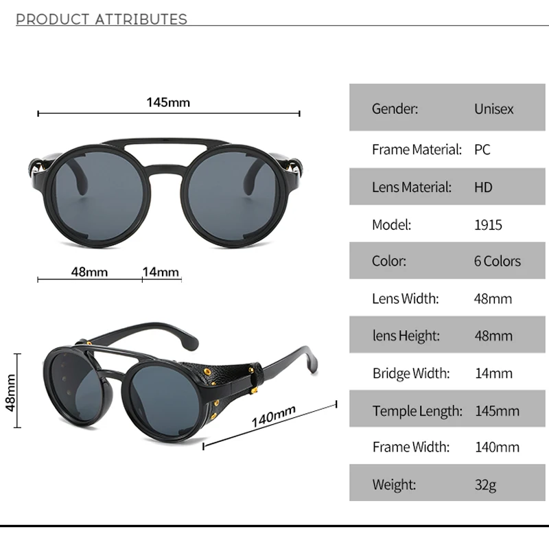 

Fashion Steampunk Sunglasses Brand Design Round Shades Men Women Gafas Vintage Punk Rivet Wrap Sun Glasses Retro Leather Eyewear
