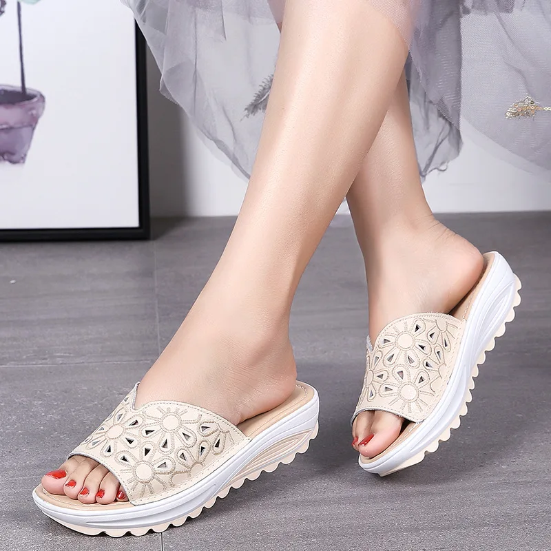 

Сандалии женские на толстой подошве, Нескользящие Шлепанцы из натуральной кожи, танкетка, платформа, высокий каблук, летняя обувь