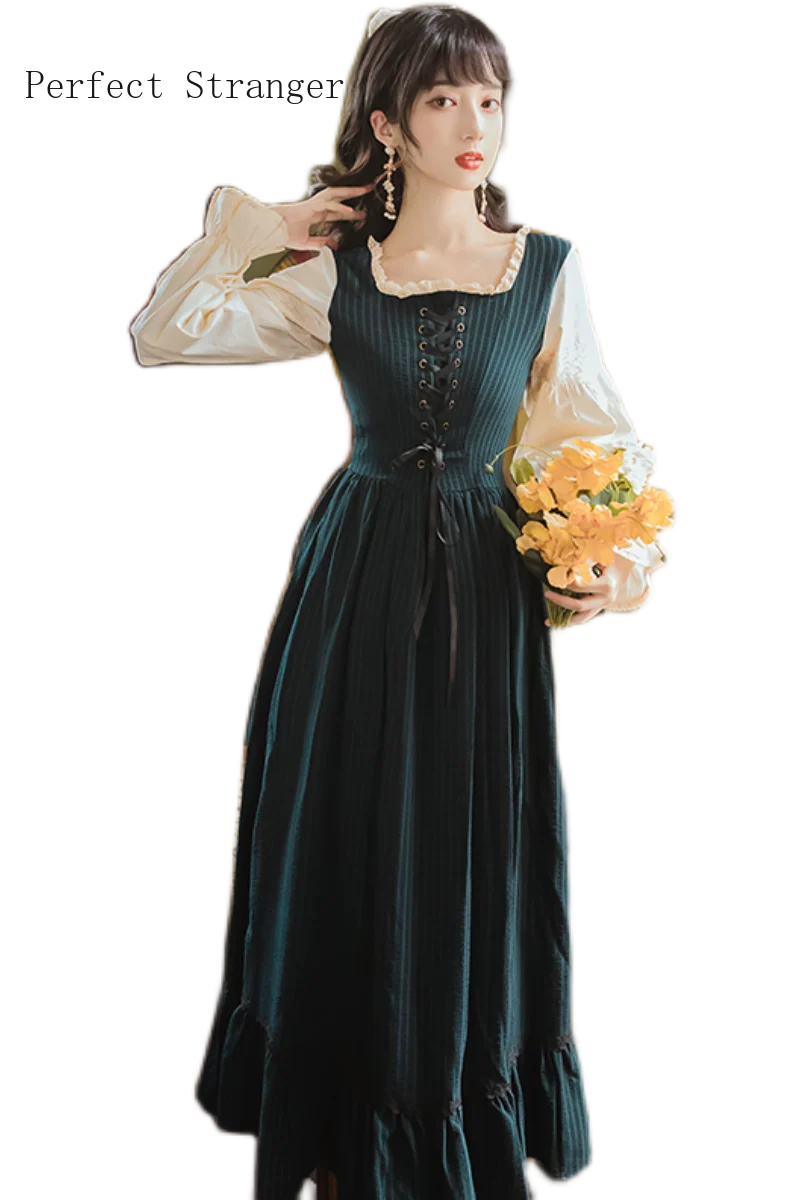 

2020 Autumn Winter New Arrival High Quality Retro Princess Style Square Collar Hot Sale Women Long Cotton Dress