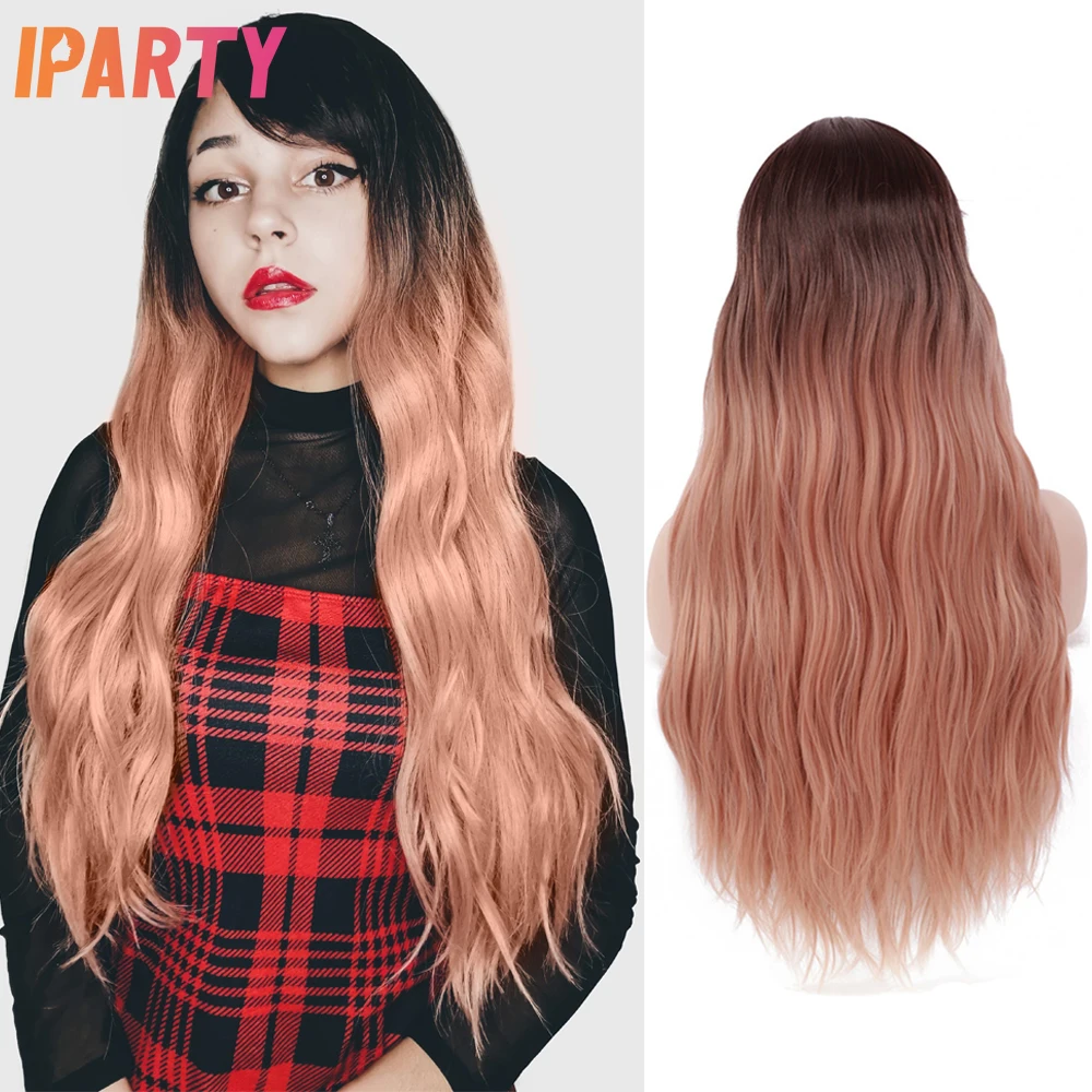 Выделите розовый синтетические парики с челкой длинные естественная волна для