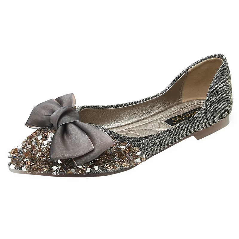 

2021 spring new flat bottom women's single shoes black bow sexy rhinestone sequins comfortable large size boat shoes work 35-43