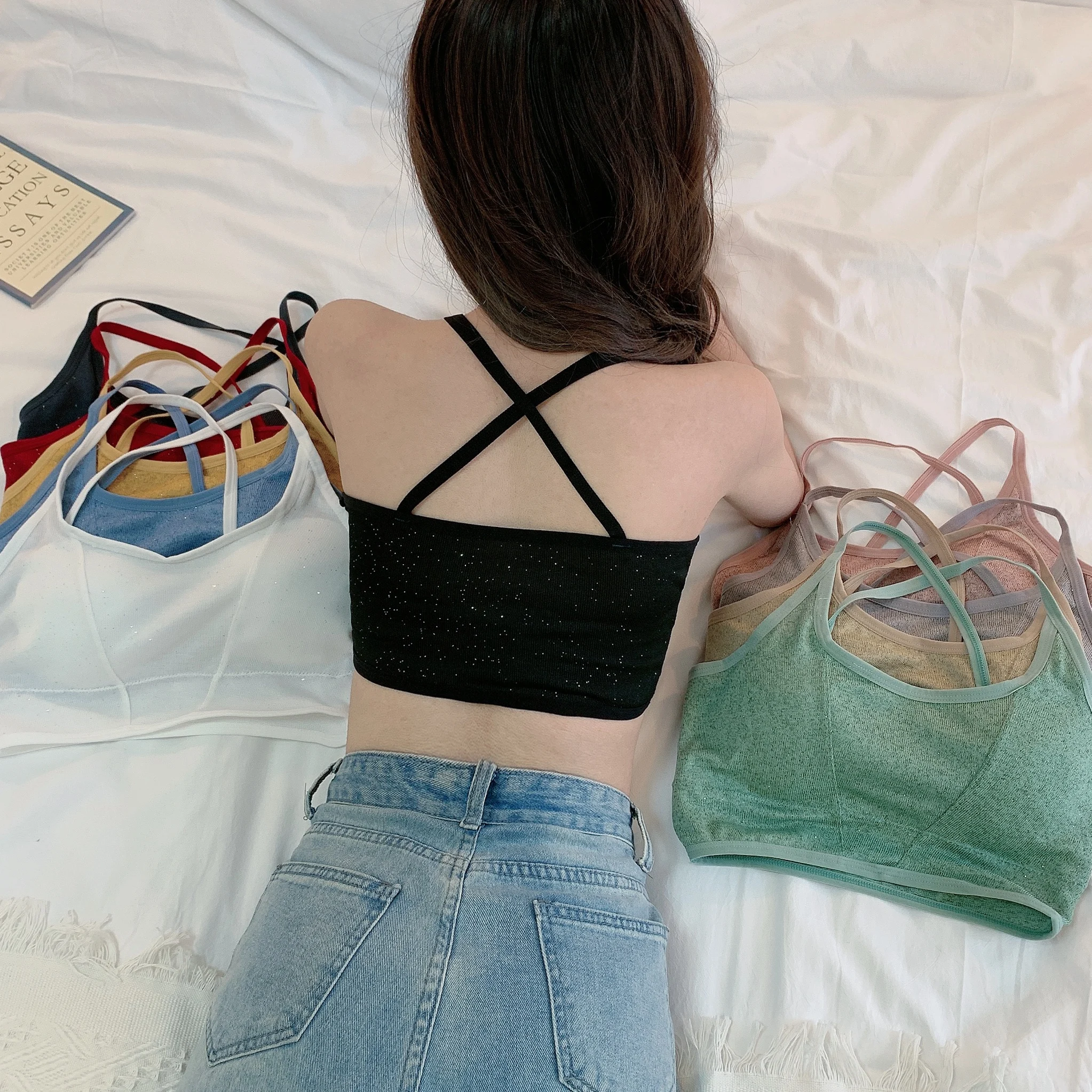 Женский бесшовный укороченный дышащий спортивный бюстгальтер топ Блестящие