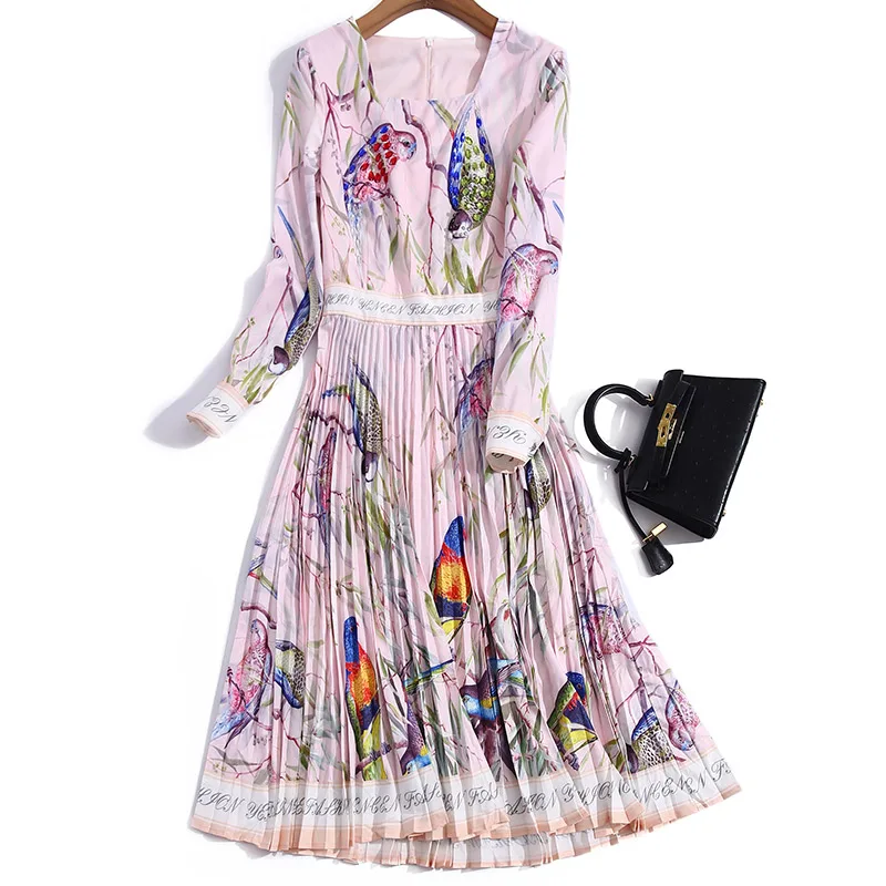 

Fashion Square Neck Long Sleeve gathered waist pleated heavy industry diamond studded Beaded Printed Dress