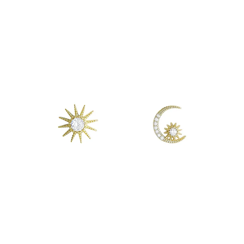 

925 Sterling Silver 14K Gold Plating Sun Moon Asymmetrical Stud Earrings Women Exquisite Sweet Student Jewelry Girlfriend Gift