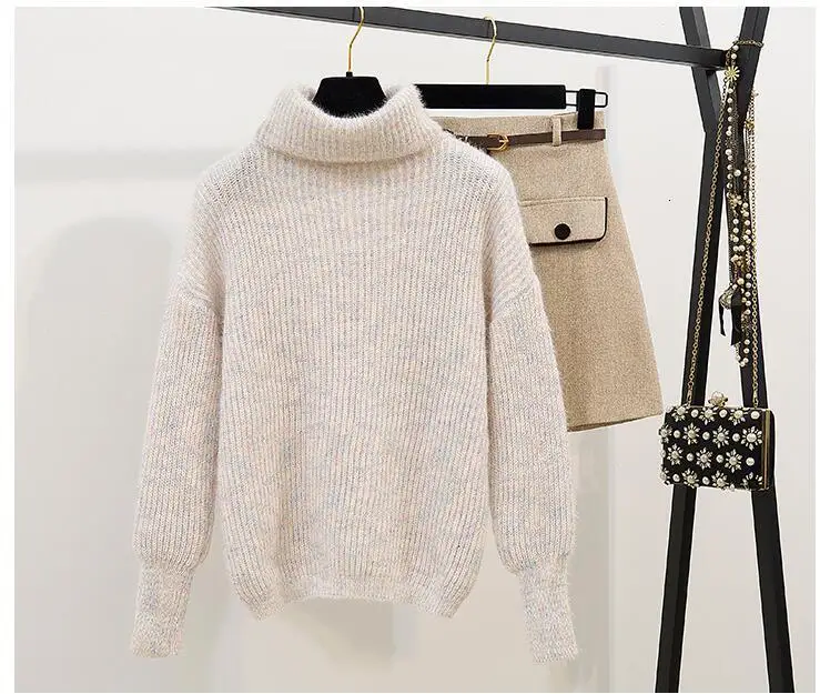 С высоким плотно облегающим шею воротником пуловер свитер и шерстяные юбка