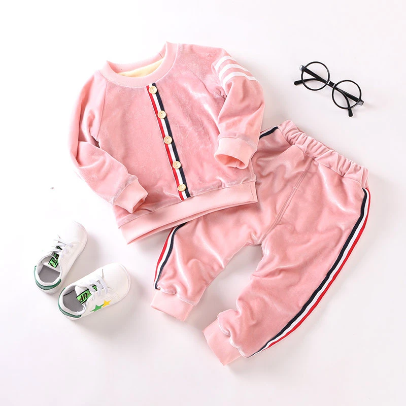 2Pcs autumn Spring Girls boys Gold Velvet Warm Clothes Set Baby Kids Cute Sweater Suit Children Clothing Coat + Pant | Детская одежда и