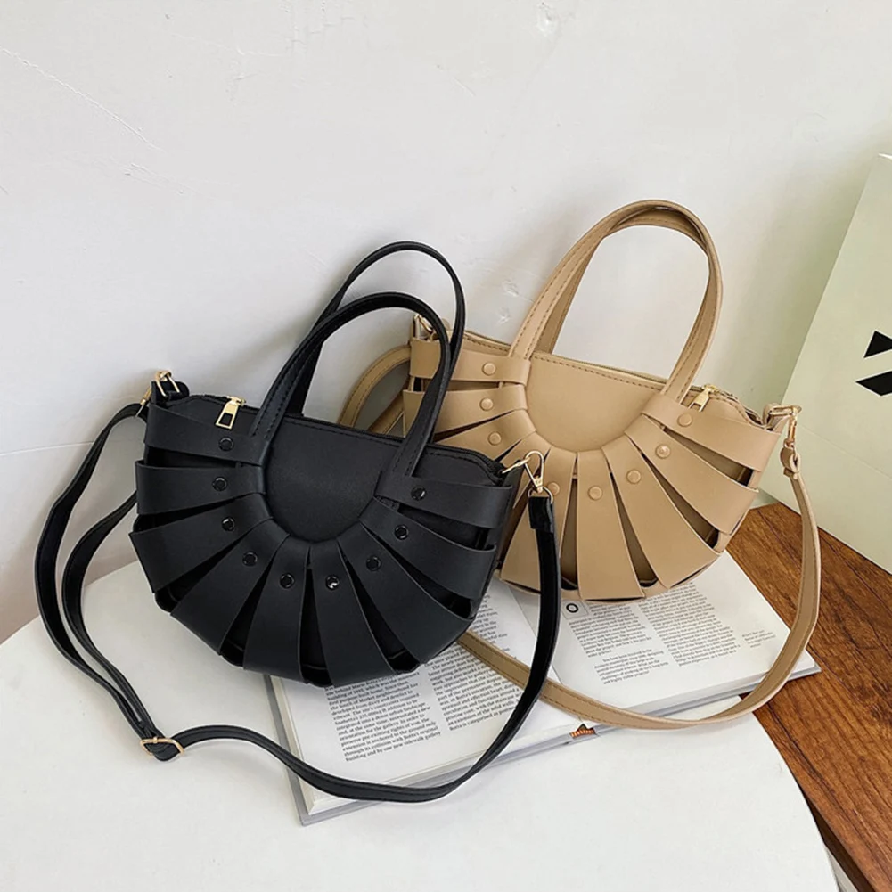 Fashion Hollow Semicircle Shoulder Crossbody Bags Women PU Leather Messenger Bag Casual Ladies Solid Color Small Purse Handbags