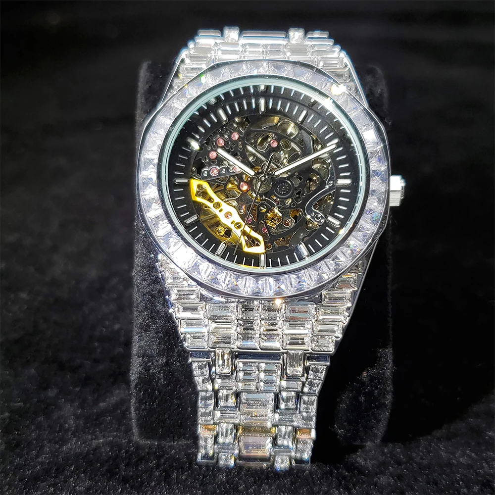 MISSFOX Hollow White Gold Wacth Men Mechanical Square Diamond Fashion Man Wristwatch High Quality Hiphop Blingbling Male