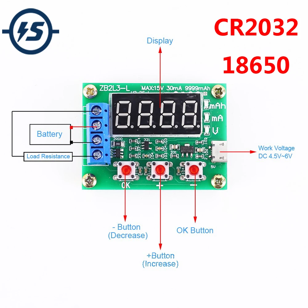 Тестер емкости аккумулятора Ач для CR2032/18650 дисплей 9999 мАч 1 2-12 В | Электронные