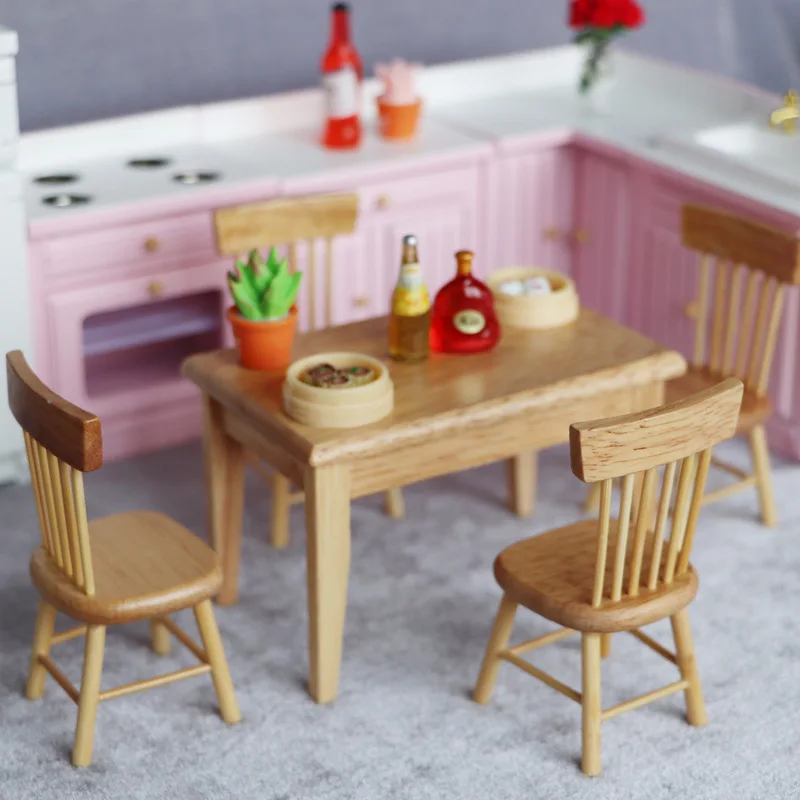 

1:12 Doll House Miniature Model Mini Oak Dining Table And Chair Food Play Diy Log Color Table And Chair