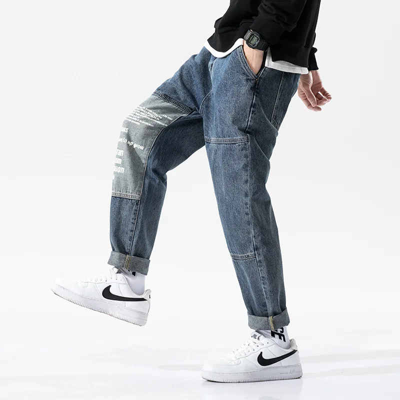 Мужские уличные осенние модные джинсы свободного покроя в стиле ретро синие