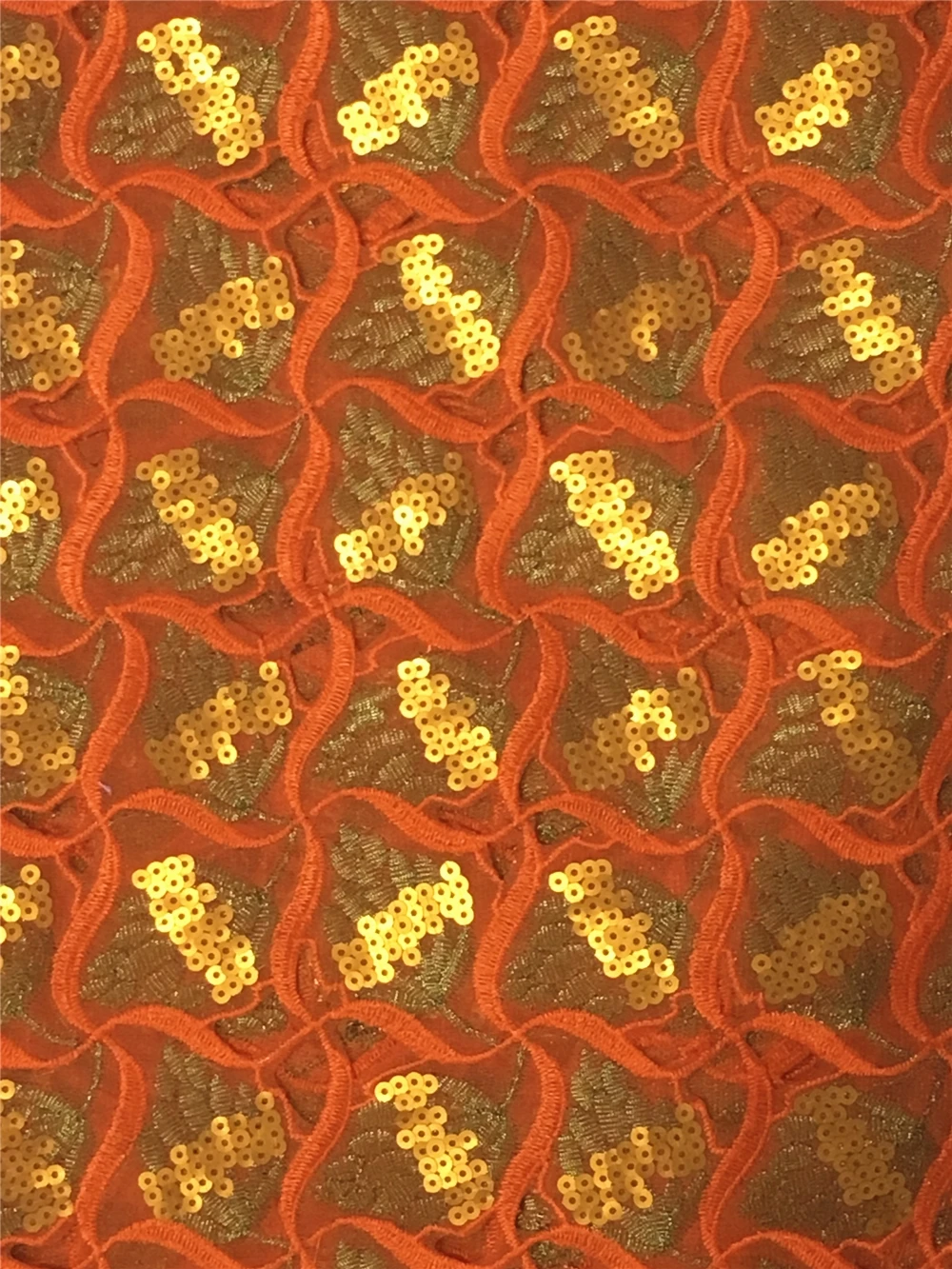 

Anna orange african organza lace fabric high quality embroidered hollow out design nigerian lace french sequin fabric for sewing