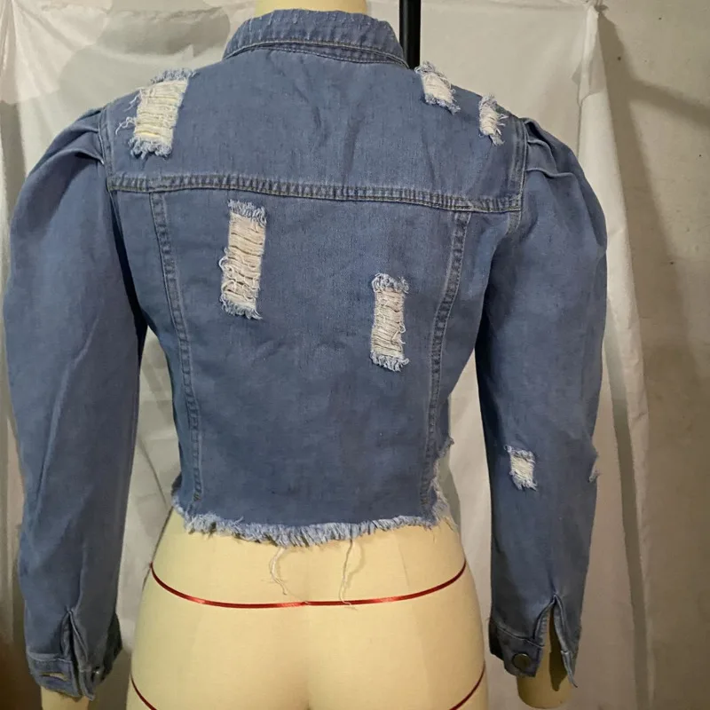 

Dilusoo Turn-down Collar Jeans Jacket For Women Loose Casual Puff Sleeve Women Coats Female Outwear Ripped Short Worn Denim Coat