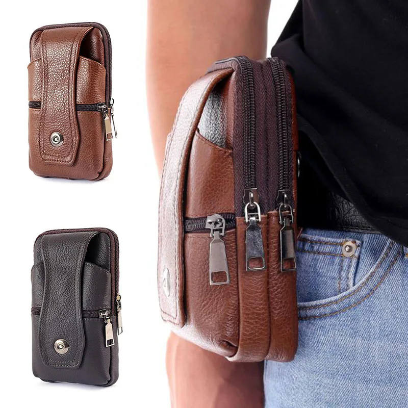 

2 layer/3 layer Men Cell Phone Belt Pack Bag Loop Waist Bag Holster Pouch Case​ Genuine Leather Bum Pouch Pack Vintage Hip Bag