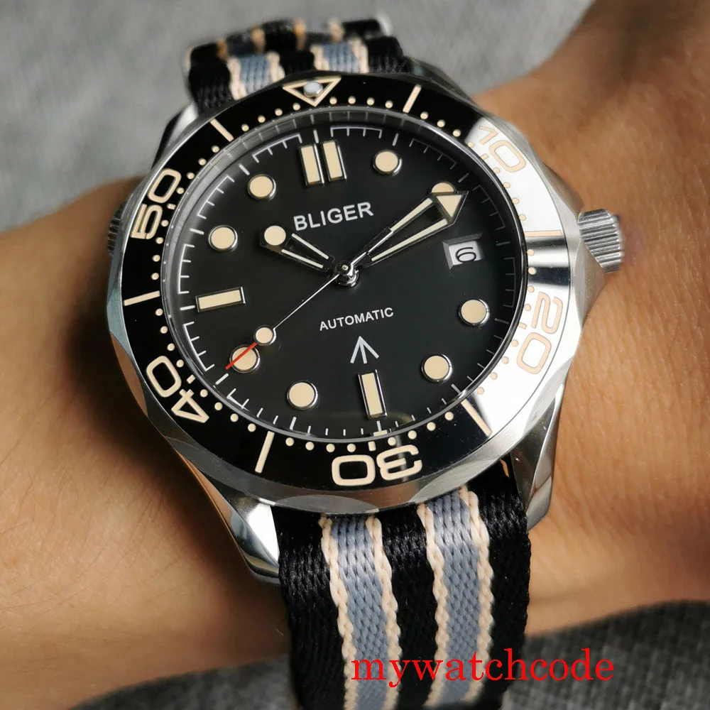 

New 41mm Mechanical Automatic Mens Wristwatch NH35 MIYOTA 8215 Movement Sapphire Glass Date Indicator Nylon Band Yellow Marks