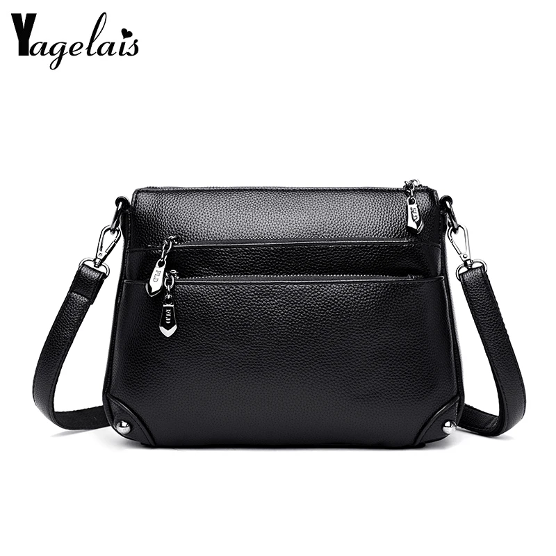 Модная женская сумка через плечо Черная мягкая промытая кожаная на Лоскутная