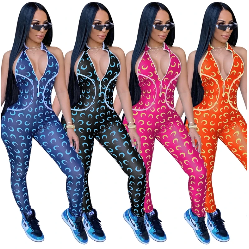 

Crescent Moon Printed Rompers Womens Jumpsuit Long Pants Backless Halter Bodycon Bandage Overalls Zipper Front Sexy One Pieces