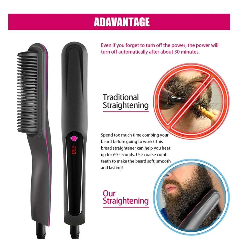 

3 in 1 Beard Straightener for Men Hair Style/Beard Straightener Brush Auto Shutdown 30s Quick Heated for Office Travel