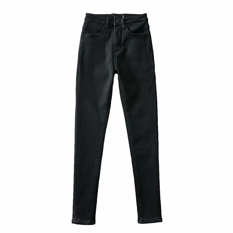 

Winter new style street casual solid color velvet thick stretch jeans women, high waist all-match thin and warm jeans women