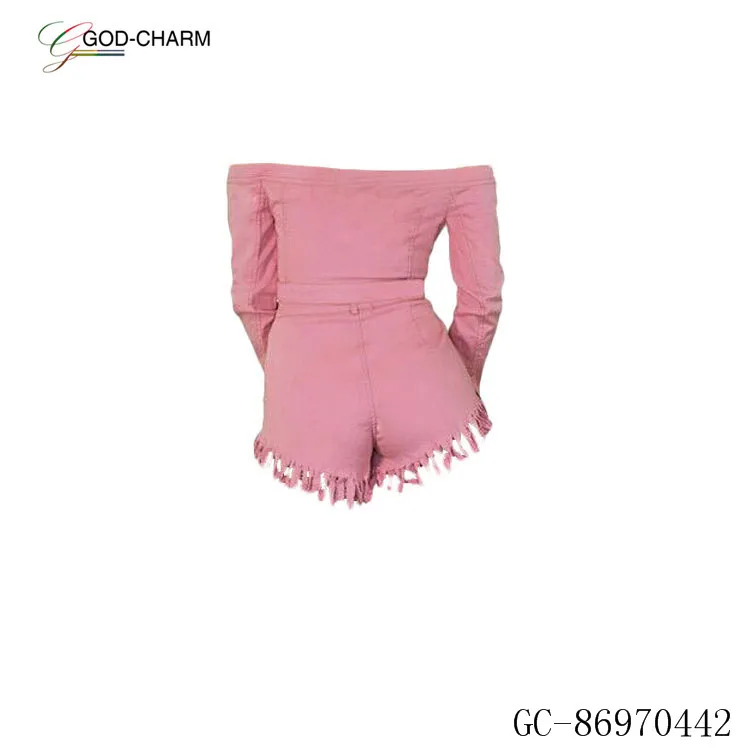 

Wholesale 2019 One-shoulder long-sleeved suit with denim fringed shorts women 2 piece set clothing FM-S3448